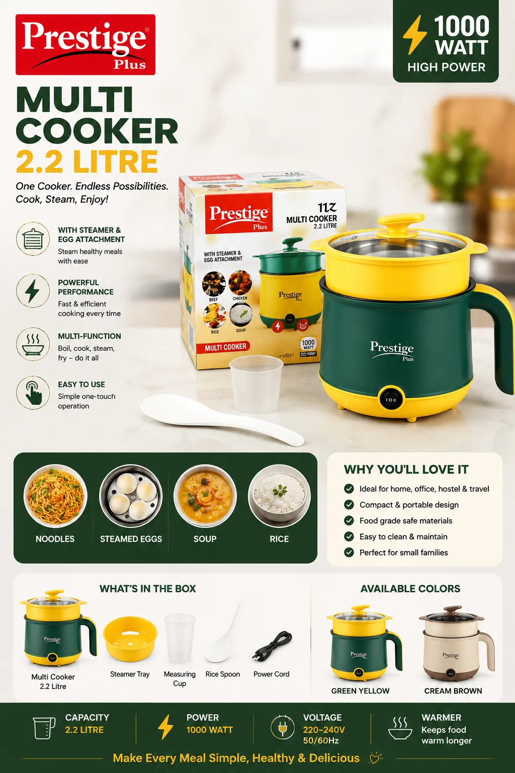Prestige Plus 2.2L 1000W Electric Multi Cooker